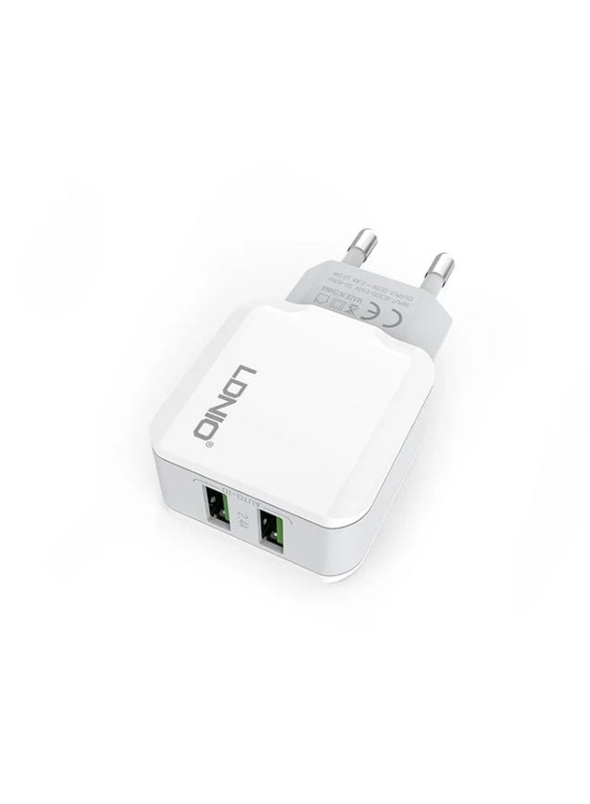 لدنيو شاحن جداري سريع A2202 بقوة 12 واط مزود بمنفذي USB، ومحرك طاقة توربو 2.4 أمبير، وخاصية التعرف على الأجهزة الذكية، ونطاق جهد إدخال واسع من 100 إلى 240 فولت، ونظام تبريد متطور، وتصميم صغير الحجم ومناسب للسفر، باللون الأبيض. - Image 2